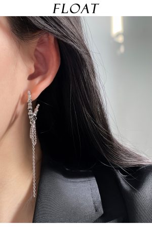 Three-Dimensional Silver Textured Clip-On Earrings with Long Tassels - High-End Floating Style, No Ear Holes