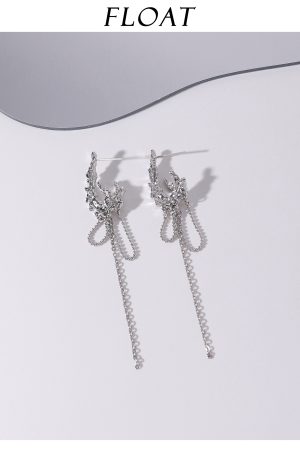 Three-Dimensional Silver Textured Clip-On Earrings with Long Tassels - High-End Floating Style, No Ear Holes