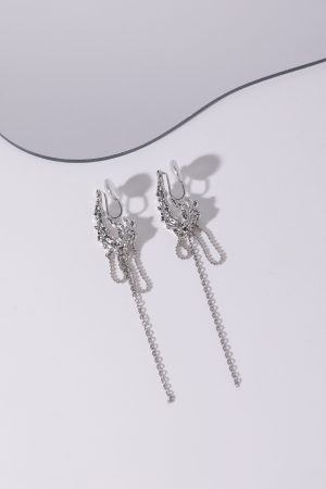 Three-Dimensional Silver Textured Clip-On Earrings with Long Tassels - High-End Floating Style, No Ear Holes