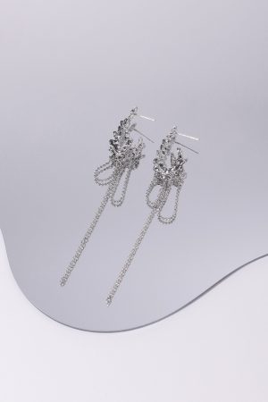 Three-Dimensional Silver Textured Clip-On Earrings with Long Tassels - High-End Floating Style, No Ear Holes
