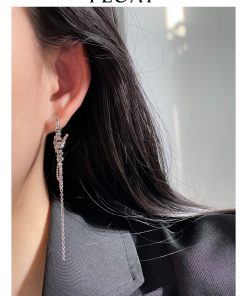 Three-Dimensional Silver Textured Clip-On Earrings with Long Tassels - High-End Floating Style, No Ear Holes