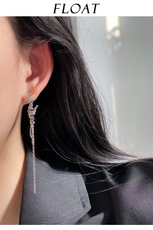 Three-Dimensional Silver Textured Clip-On Earrings with Long Tassels - High-End Floating Style, No Ear Holes