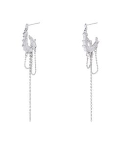 Three-Dimensional Silver Textured Clip-On Earrings with Long Tassels - High-End Floating Style, No Ear Holes
