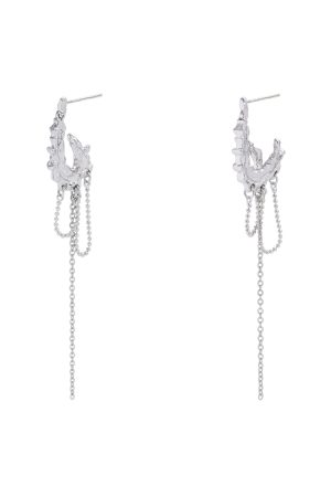 Three-Dimensional Silver Textured Clip-On Earrings with Long Tassels - High-End Floating Style, No Ear Holes
