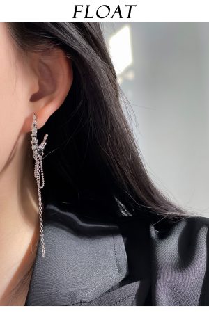 Three-Dimensional Silver Textured Clip-On Earrings with Long Tassels - High-End Floating Style, No Ear Holes