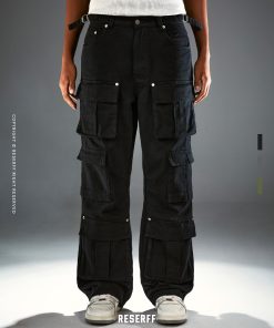 Three-Dimensional Tailored Multi-Pocket American Vintage Distressed Wide-Leg Flared Metal Work Pants in Retro Style