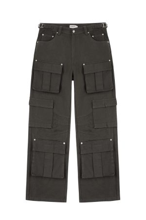 Three-Dimensional Tailored Multi-Pocket American Vintage Distressed Wide-Leg Flared Metal Work Pants in Retro Style