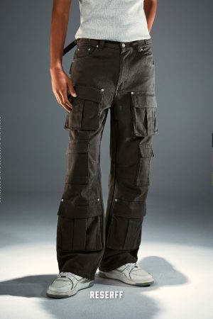 Three-Dimensional Tailored Multi-Pocket American Vintage Distressed Wide-Leg Flared Metal Work Pants in Retro Style