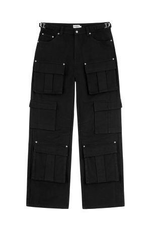Three-Dimensional Tailored Multi-Pocket American Vintage Distressed Wide-Leg Flared Metal Work Pants in Retro Style