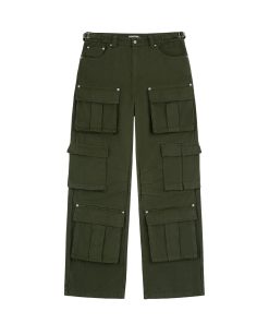 Three-Dimensional Tailored Multi-Pocket American Vintage Distressed Wide-Leg Flared Metal Work Pants in Retro Style