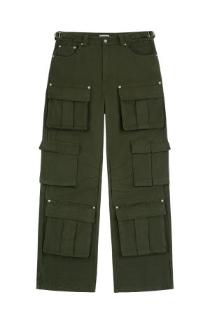 Three-Dimensional Tailored Multi-Pocket American Vintage Distressed Wide-Leg Flared Metal Work Pants in Retro Style