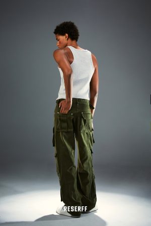 Three-Dimensional Tailored Multi-Pocket American Vintage Distressed Wide-Leg Flared Metal Work Pants in Retro Style