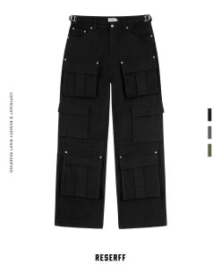 Three-Dimensional Tailored Multi-Pocket American Vintage Distressed Wide-Leg Flared Metal Work Pants in Retro Style