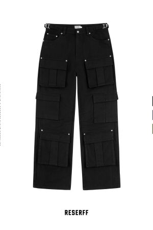 Three-Dimensional Tailored Multi-Pocket American Vintage Distressed Wide-Leg Flared Metal Work Pants in Retro Style