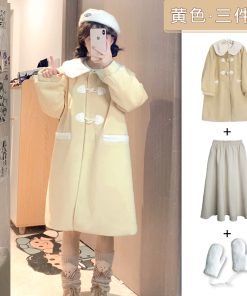 Three-Piece Women's Woolen Coat Set with Doll Collar and Toggle Closure, Pudding Bear JK Uniform Style for Winter 2025