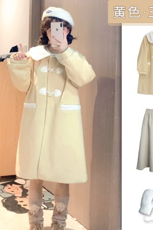 Three-Piece Women's Woolen Coat Set with Doll Collar and Toggle Closure, Pudding Bear JK Uniform Style for Winter 2025