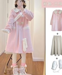 Three-Piece Women's Woolen Coat Set with Doll Collar and Toggle Closure, Pudding Bear JK Uniform Style for Winter 2025