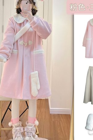 Three-Piece Women's Woolen Coat Set with Doll Collar and Toggle Closure, Pudding Bear JK Uniform Style for Winter 2025