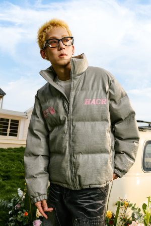 Tie-Dye Rabbit Fur Patchwork Jacket with Graphene Thermal Lining and Stand Collar, Crocodile Skin Texture, Y2K Fashion Outerwear