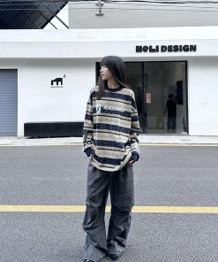 Tie-Dye Striped Long Sleeve T-Shirt for Women and Men - Vintage American Style Loose Top for Spring and Autumn Streetwear