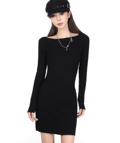 Tight-Fitting One-Shoulder Knitted Dress for Women - Bodycon Short Sweater Dress, Autumn/Winter Slanted Shoulder, Chic Style