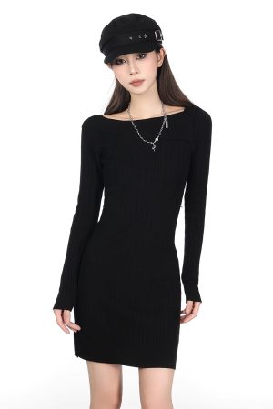 Tight-Fitting One-Shoulder Knitted Dress for Women - Bodycon Short Sweater Dress, Autumn/Winter Slanted Shoulder, Chic Style