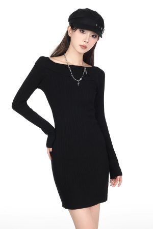 Tight-Fitting One-Shoulder Knitted Dress for Women - Bodycon Short Sweater Dress, Autumn/Winter Slanted Shoulder, Chic Style