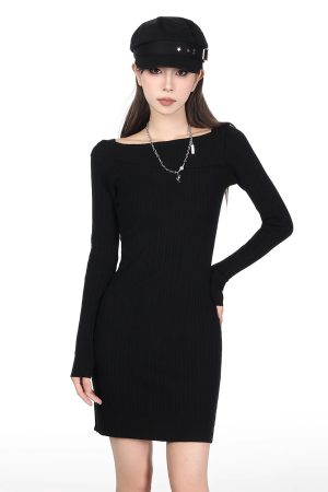 Tight-Fitting One-Shoulder Knitted Dress for Women - Bodycon Short Sweater Dress, Autumn/Winter Slanted Shoulder, Chic Style