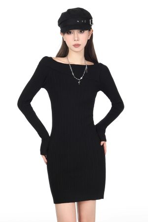 Tight-Fitting One-Shoulder Knitted Dress for Women - Bodycon Short Sweater Dress, Autumn/Winter Slanted Shoulder, Chic Style
