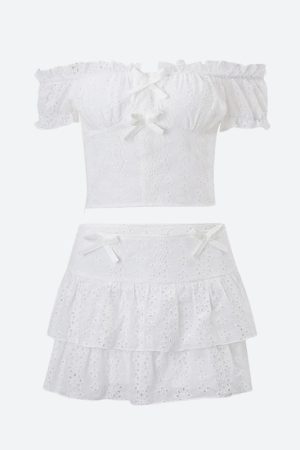 Trans Girl Outfits, Fest Outfits - Coquette Broderie Anglaise Top & Mini Skirt Two Piece Set