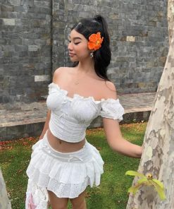 Trans Girl Outfits, Fest Outfits - Coquette Broderie Anglaise Top & Mini Skirt Two Piece Set