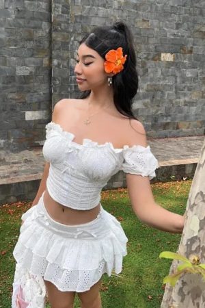 Trans Girl Outfits, Fest Outfits - Coquette Broderie Anglaise Top & Mini Skirt Two Piece Set