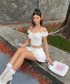 Trans Girl Outfits, Fest Outfits - Coquette Broderie Anglaise Top & Mini Skirt Two Piece Set