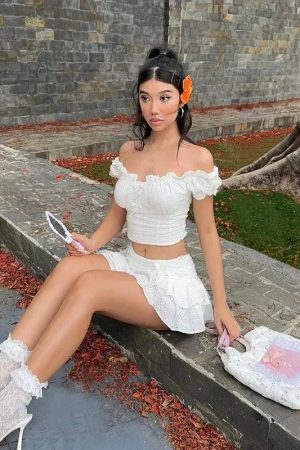 Trans Girl Outfits, Fest Outfits - Coquette Broderie Anglaise Top & Mini Skirt Two Piece Set
