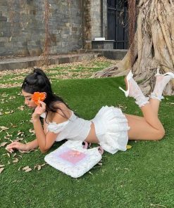 Trans Girl Outfits, Fest Outfits - Coquette Broderie Anglaise Top & Mini Skirt Two Piece Set