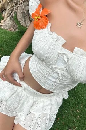 Trans Girl Outfits, Fest Outfits - Coquette Broderie Anglaise Top & Mini Skirt Two Piece Set