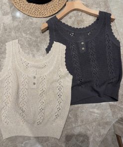 Trendy 2025 Summer Korean Style Gentle Linen Hollow Jacquard Vest for Women - Lightweight Fashion Top