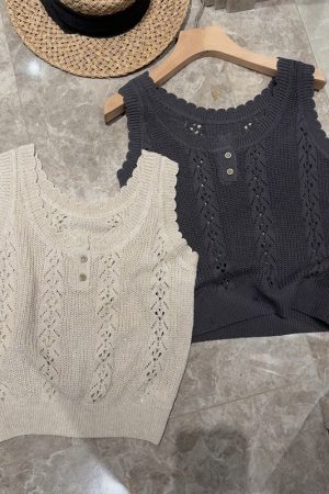 Trendy 2025 Summer Korean Style Gentle Linen Hollow Jacquard Vest for Women - Lightweight Fashion Top