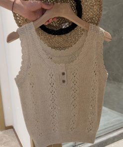 Trendy 2025 Summer Korean Style Gentle Linen Hollow Jacquard Vest for Women - Lightweight Fashion Top