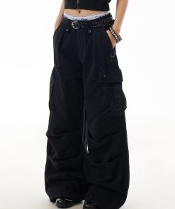 Trendy American-Style Letter Print High Street Multi-Pocket Work Pants for Women, Hip-Hop Slimming Straight-Leg Trousers