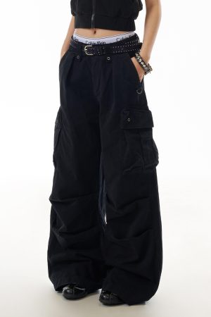 Trendy American-Style Letter Print High Street Multi-Pocket Work Pants for Women, Hip-Hop Slimming Straight-Leg Trousers