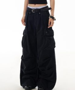 Trendy American-Style Letter Print High Street Multi-Pocket Work Pants for Women, Hip-Hop Slimming Straight-Leg Trousers