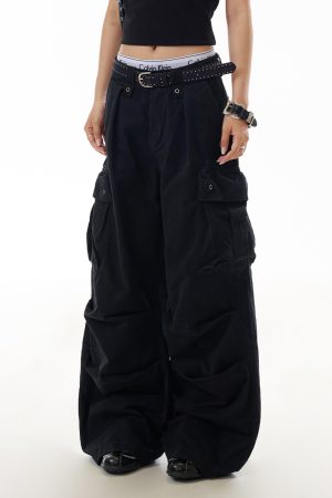 Trendy American-Style Letter Print High Street Multi-Pocket Work Pants for Women, Hip-Hop Slimming Straight-Leg Trousers