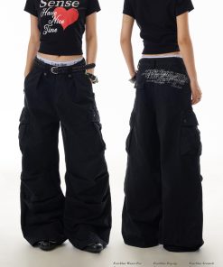 Trendy American-Style Letter Print High Street Multi-Pocket Work Pants for Women, Hip-Hop Slimming Straight-Leg Trousers