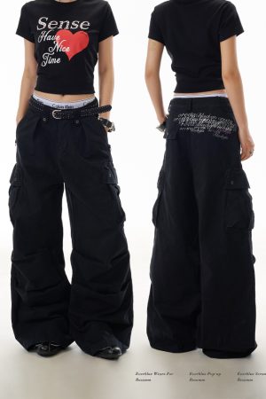 Trendy American-Style Letter Print High Street Multi-Pocket Work Pants for Women, Hip-Hop Slimming Straight-Leg Trousers