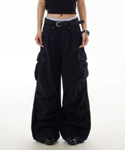 Trendy American-Style Letter Print High Street Multi-Pocket Work Pants for Women, Hip-Hop Slimming Straight-Leg Trousers
