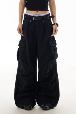 Trendy American-Style Letter Print High Street Multi-Pocket Work Pants for Women, Hip-Hop Slimming Straight-Leg Trousers