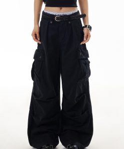 Trendy American-Style Letter Print High Street Multi-Pocket Work Pants for Women, Hip-Hop Slimming Straight-Leg Trousers