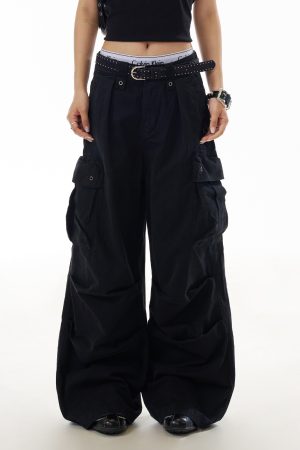 Trendy American-Style Letter Print High Street Multi-Pocket Work Pants for Women, Hip-Hop Slimming Straight-Leg Trousers
