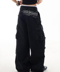 Trendy American-Style Letter Print High Street Multi-Pocket Work Pants for Women, Hip-Hop Slimming Straight-Leg Trousers